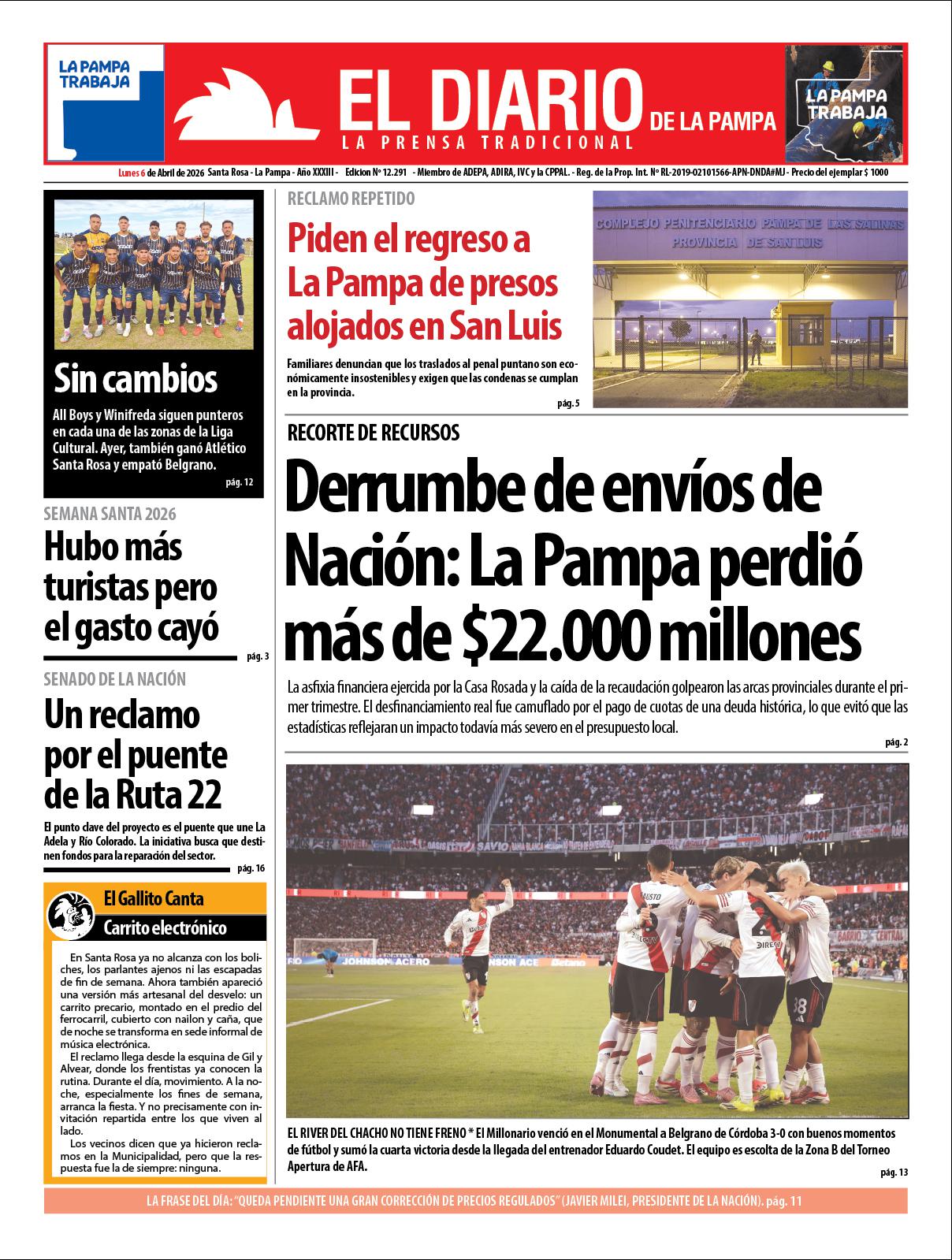 Tapa de El Diario en papel  lunes 06 de abril de 2026